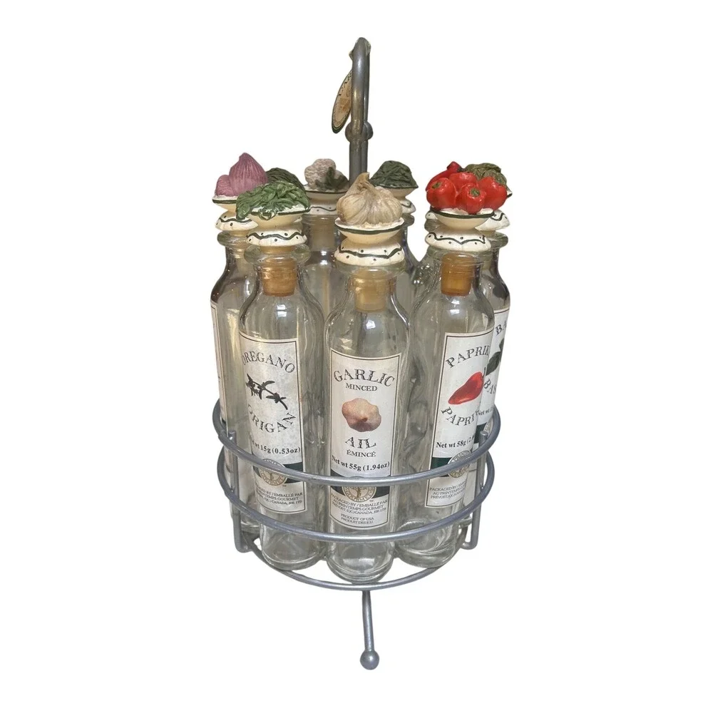 L'Art Des Epices Revolving Spice Rack 9 Glass Bottles Decorative Toppers Silver